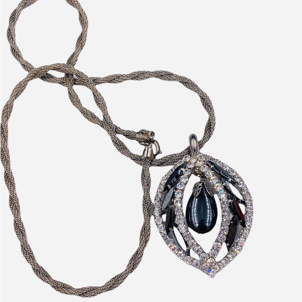 Vintage Juliana Hematite Glass Drop Rhinestone Pendant Necklace